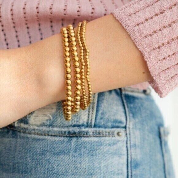 You Pick Size Waterproof Gold Bead Stretch Bracelets Set of 2 Stackable Bracelet - Picture 4 of 16